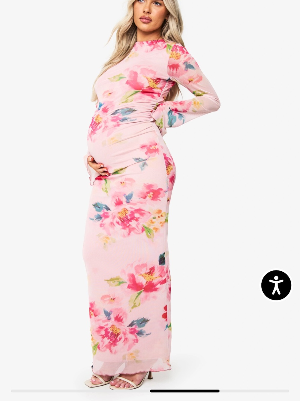 boohoo Maternity Floral Mesh Lettuce Hem Maxi Dress
